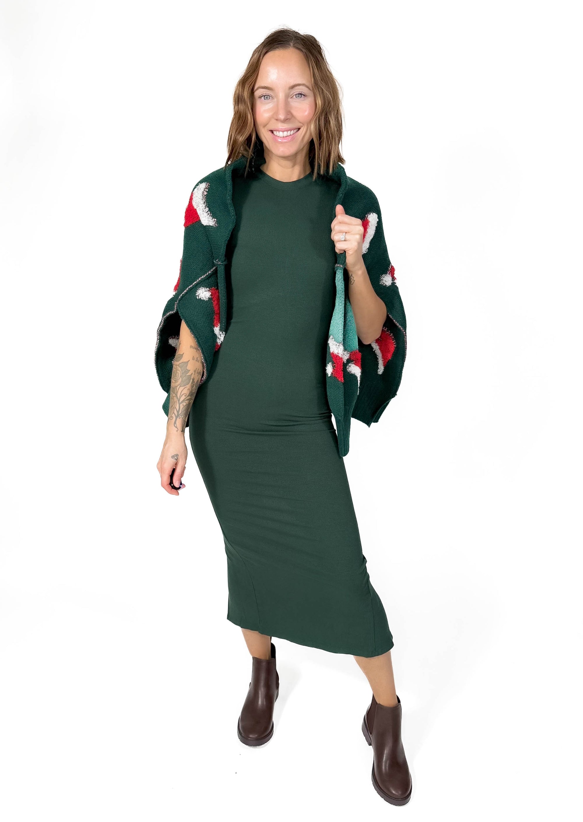 Merry Ribbed Midi Dress- DEEP PINE