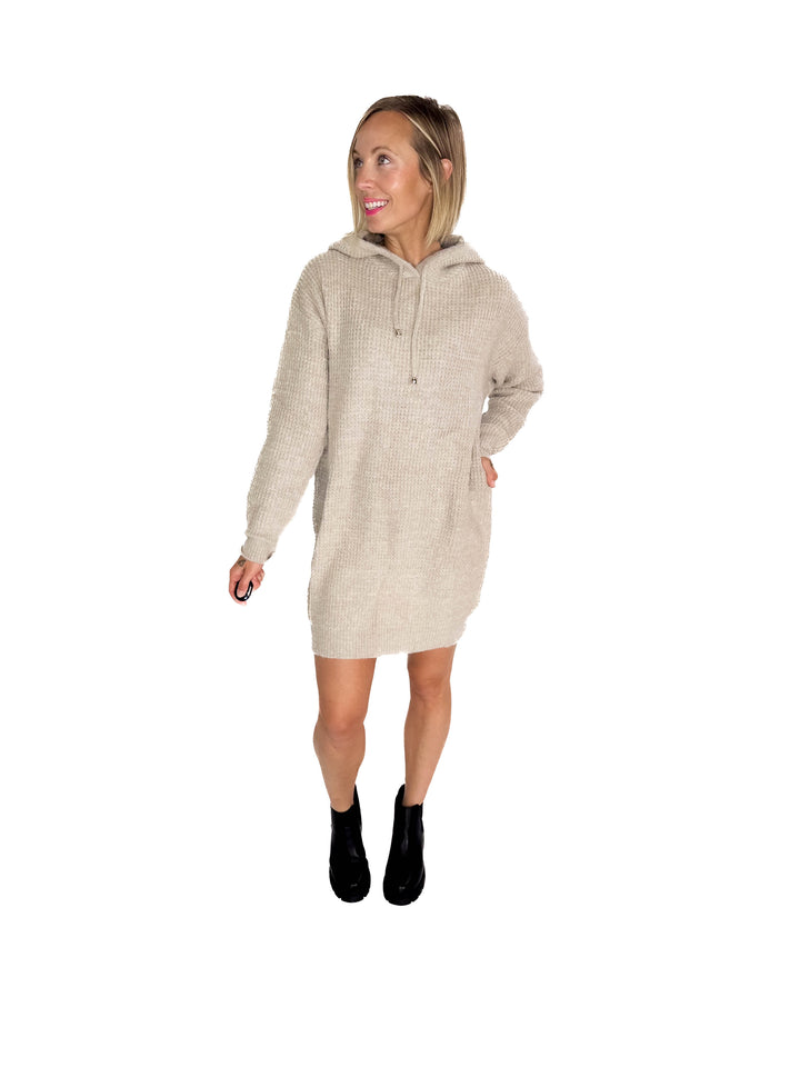 Maze Waffle Hooded Tunic Sweater- OATMEAL