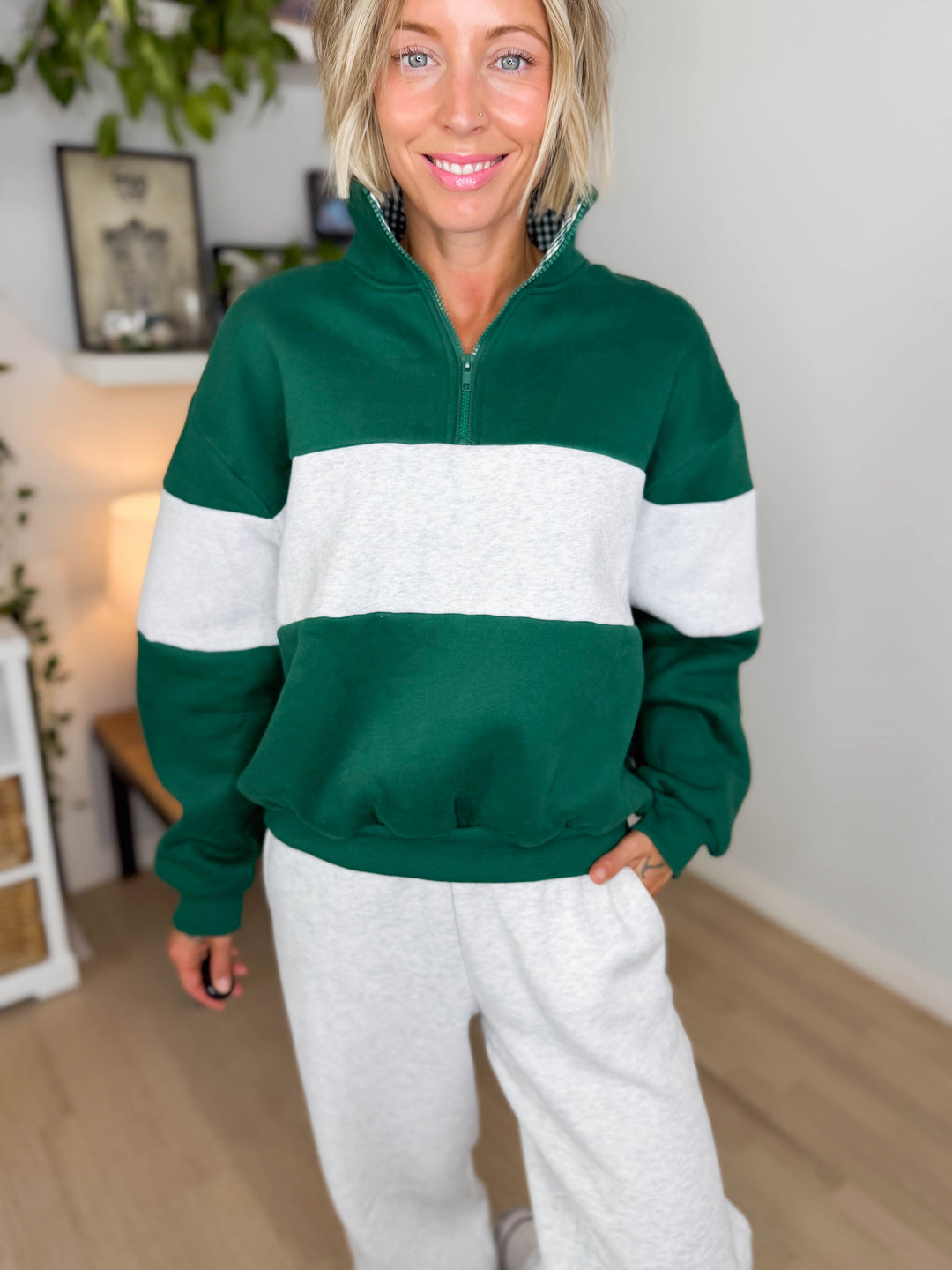 Oliver Colour Block 1/4 Zip- GREEN/GREY