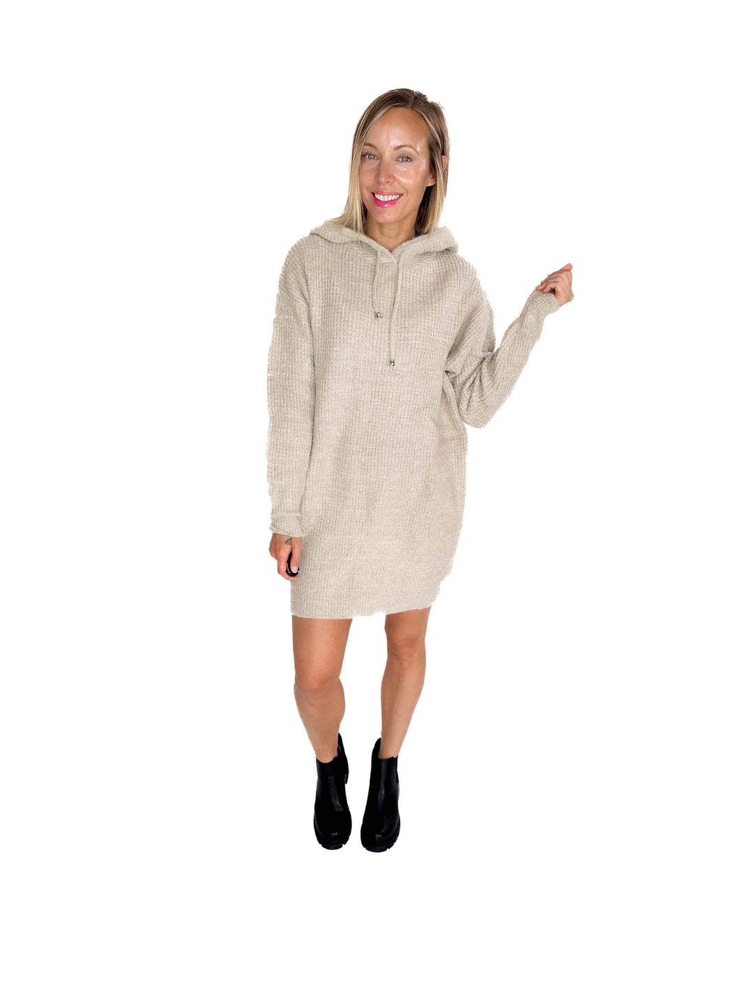 Maze Waffle Hooded Tunic Sweater- OATMEAL