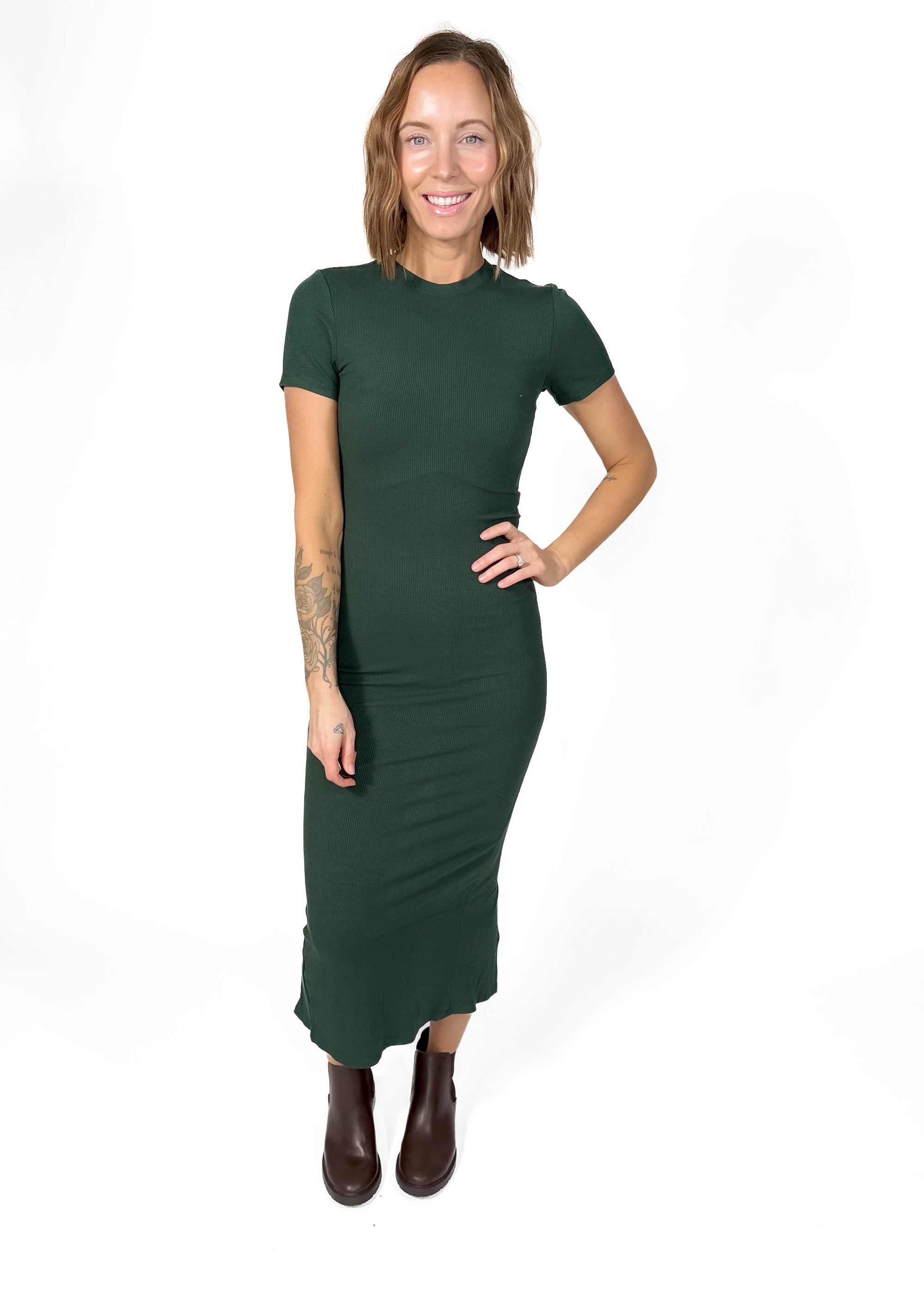 Merry Ribbed Midi Dress- DEEP PINE