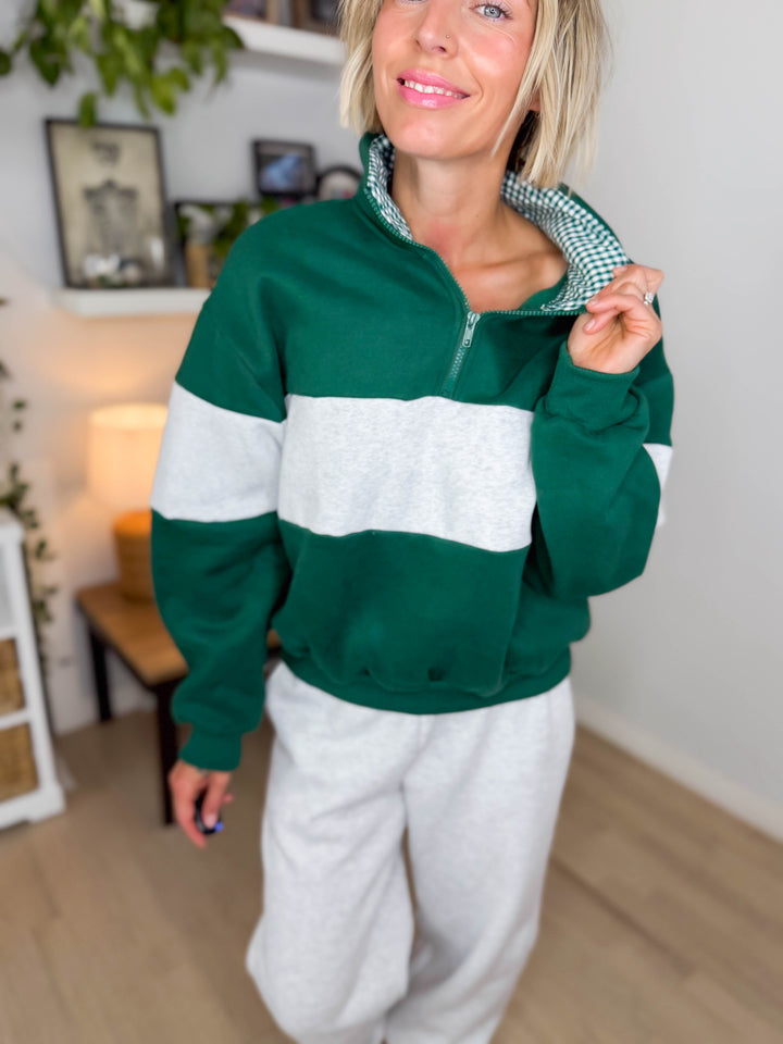 Oliver Colour Block 1/4 Zip- GREEN/GREY