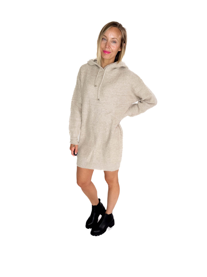 Maze Waffle Hooded Tunic Sweater- OATMEAL