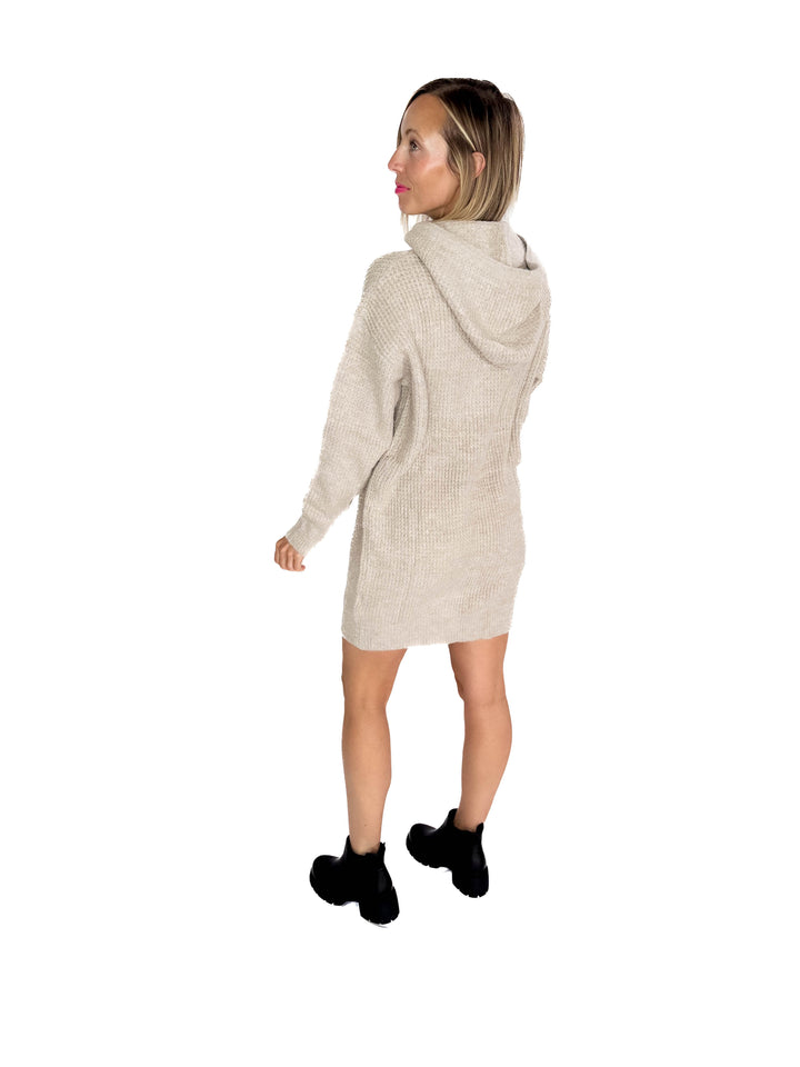 Maze Waffle Hooded Tunic Sweater- OATMEAL