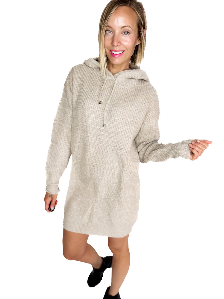 Maze Waffle Hooded Tunic Sweater- OATMEAL