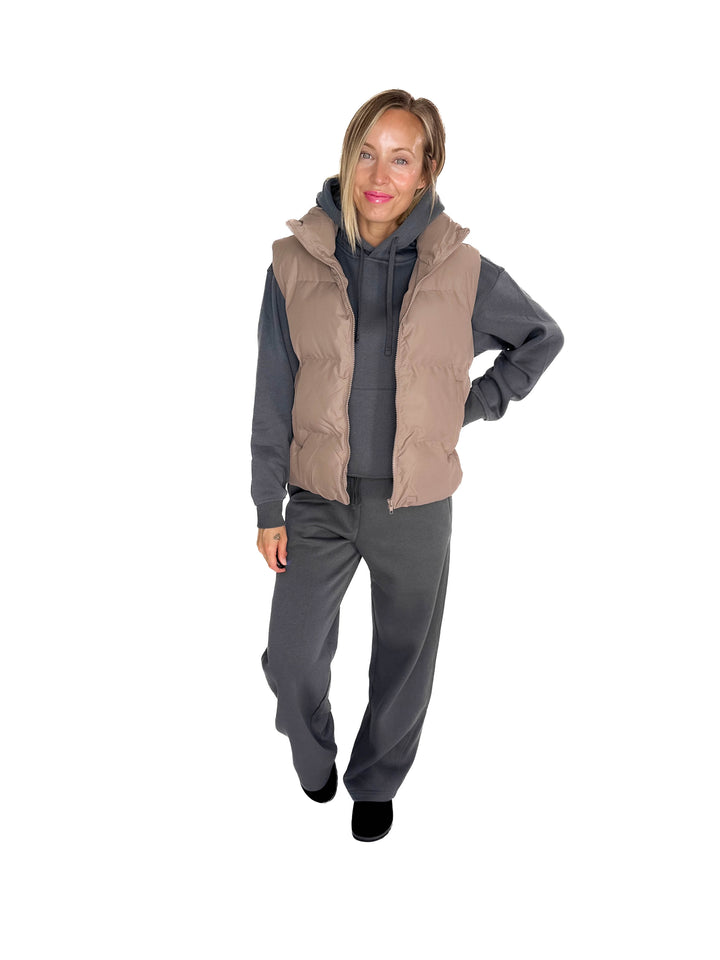 Falling For You Puffer Vest- TAUPE GREY