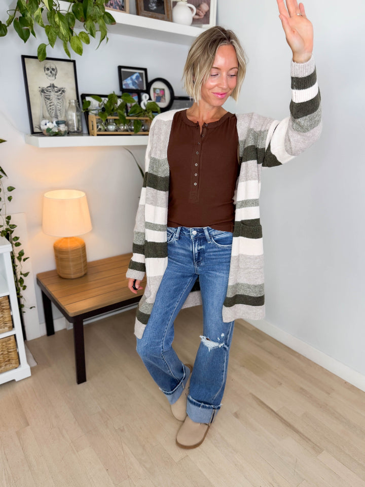 Danny Long Stripe Cardigan- OLIVE MULTI