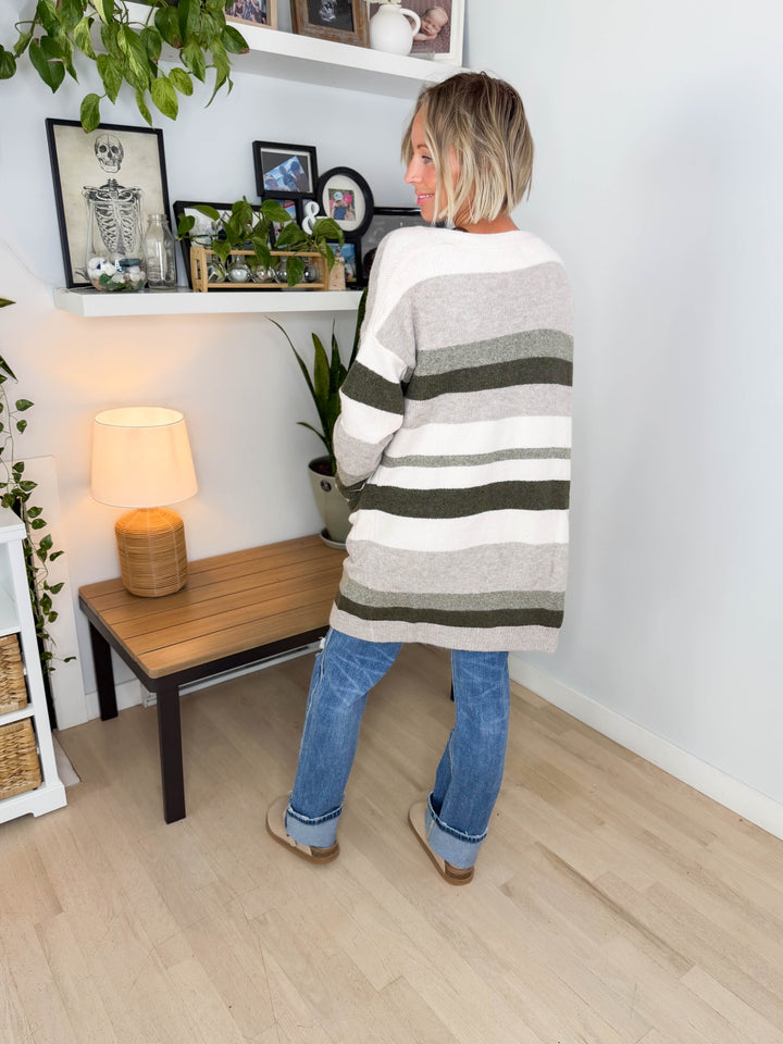 Danny Long Stripe Cardigan- OLIVE MULTI