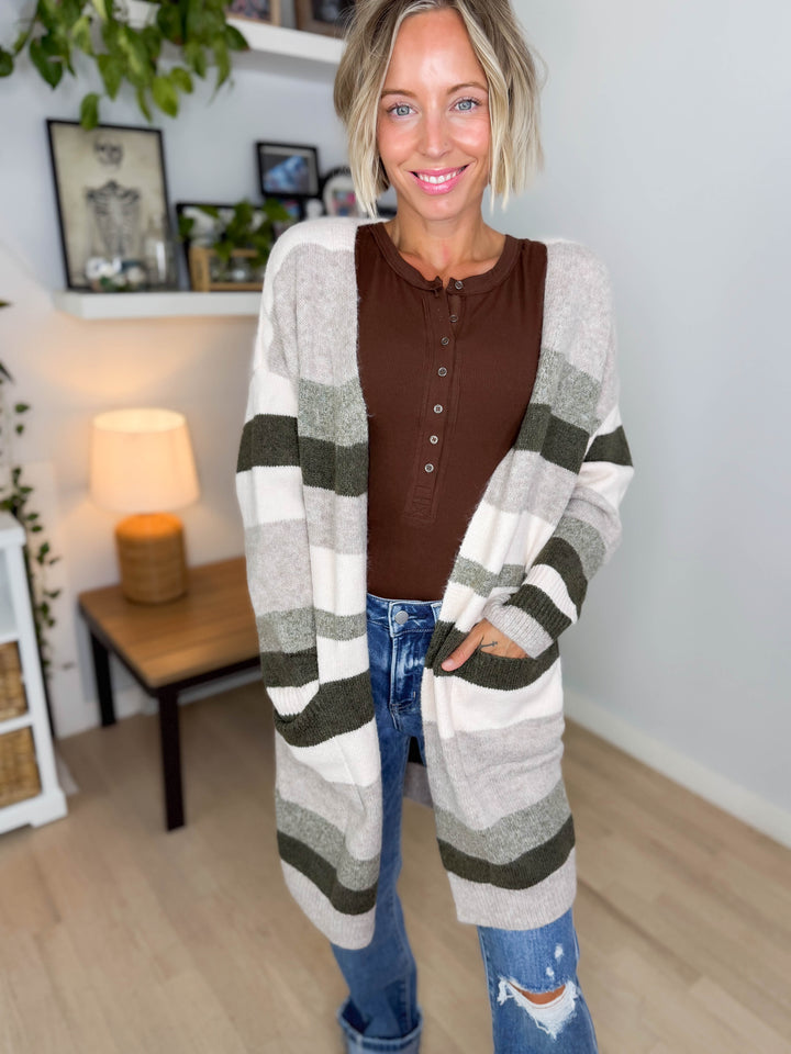 Danny Long Stripe Cardigan- OLIVE MULTI