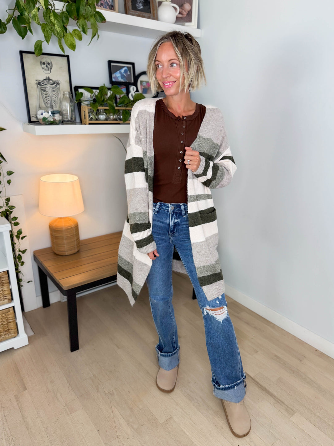 Danny Long Stripe Cardigan- OLIVE MULTI