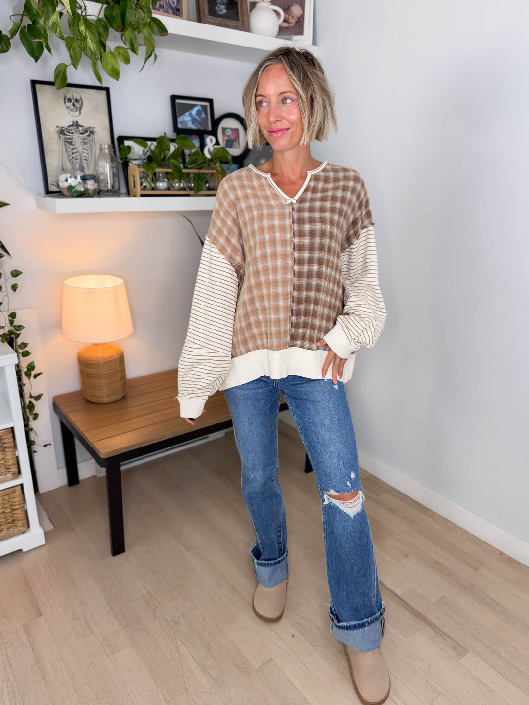 Sorrenta Oversized Plaid Mix Pullover- LATTE