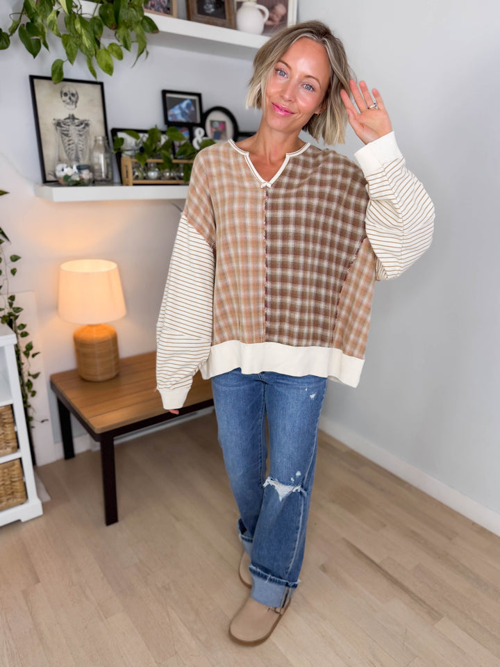 Sorrenta Oversized Plaid Mix Pullover- LATTE