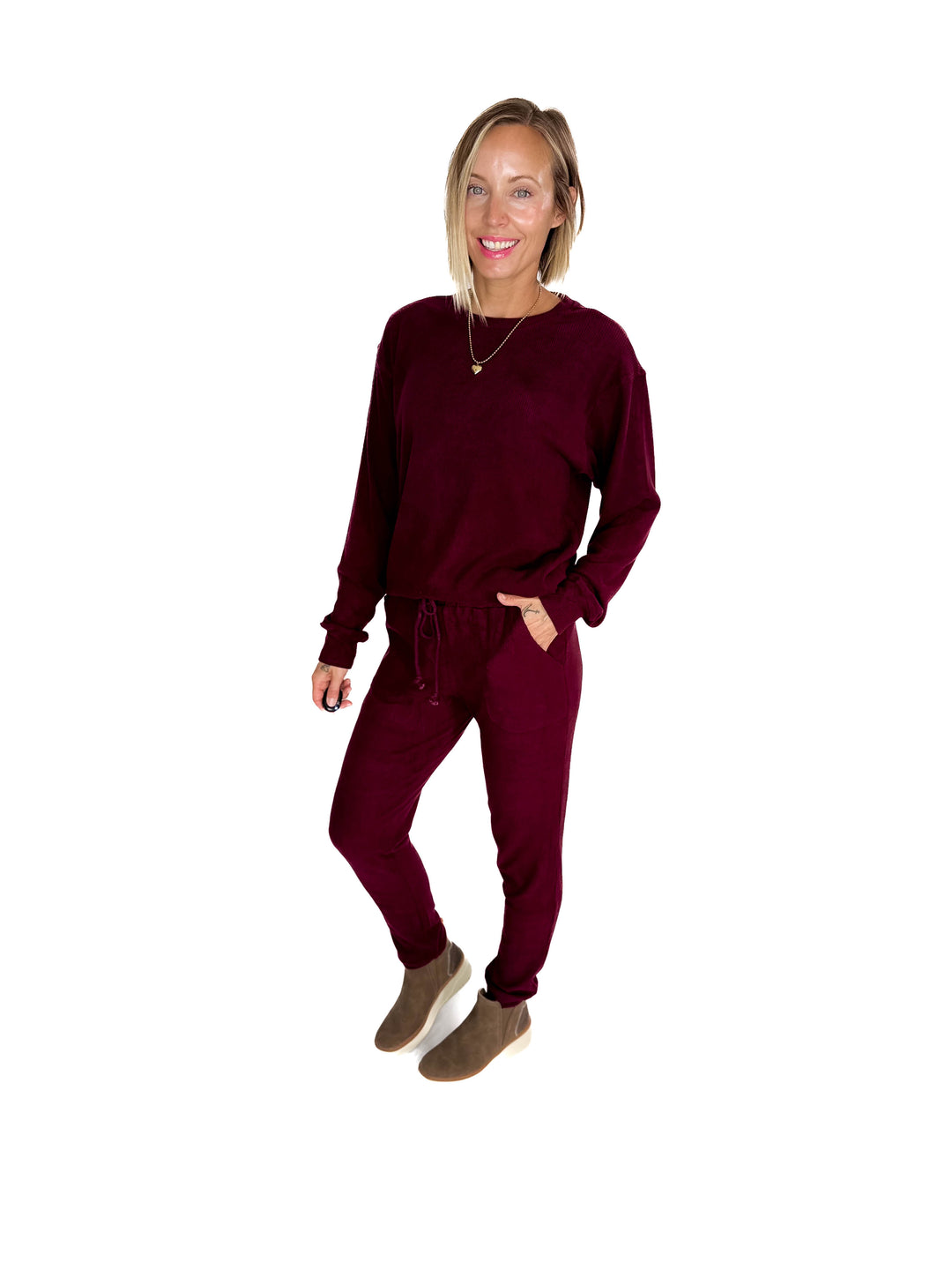 MICHELLE MAE Corrine Ribbed Pullover Long Sleeve- BURGUNDY