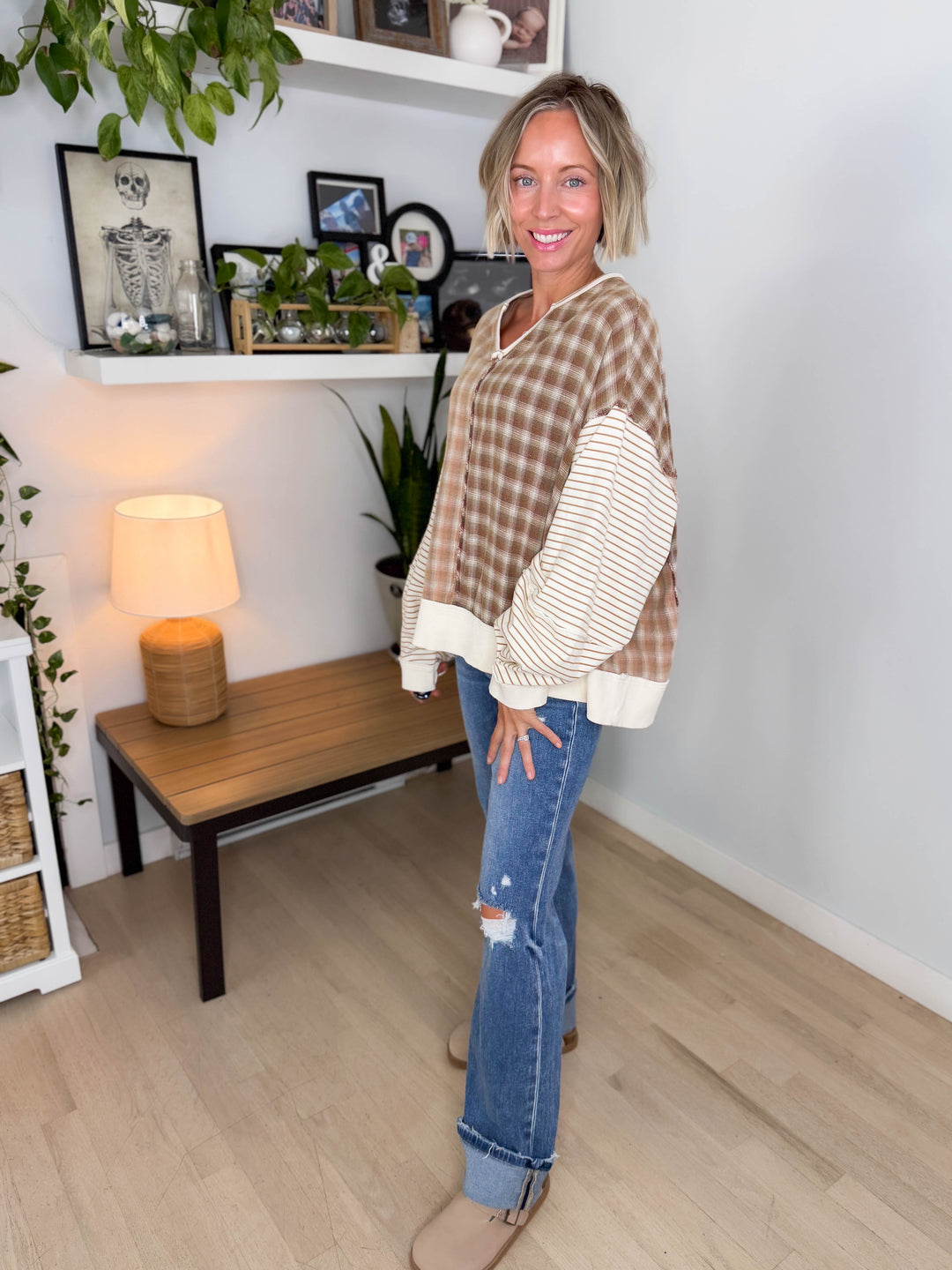 Sorrenta Oversized Plaid Mix Pullover- LATTE