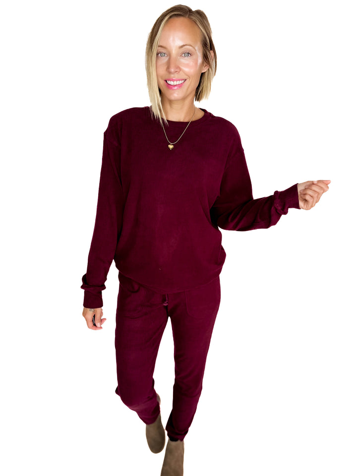 MICHELLE MAE Corrine Ribbed Pullover Long Sleeve- BURGUNDY