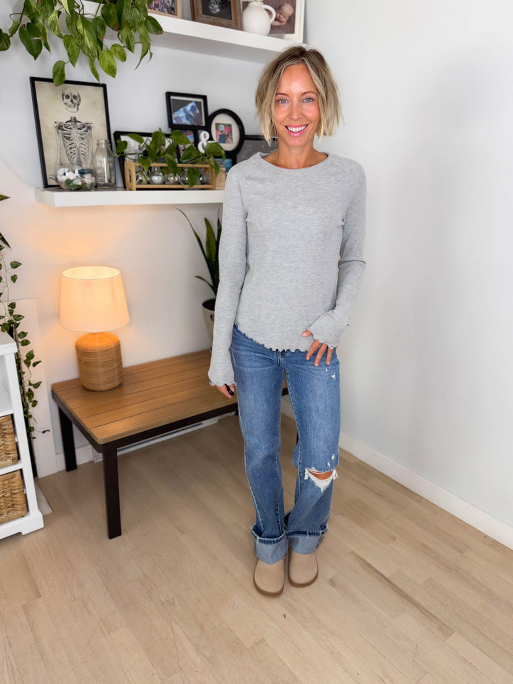 Harrison Thermal Knit Lettuce Edge Long Sleeve- HEATHER GREY