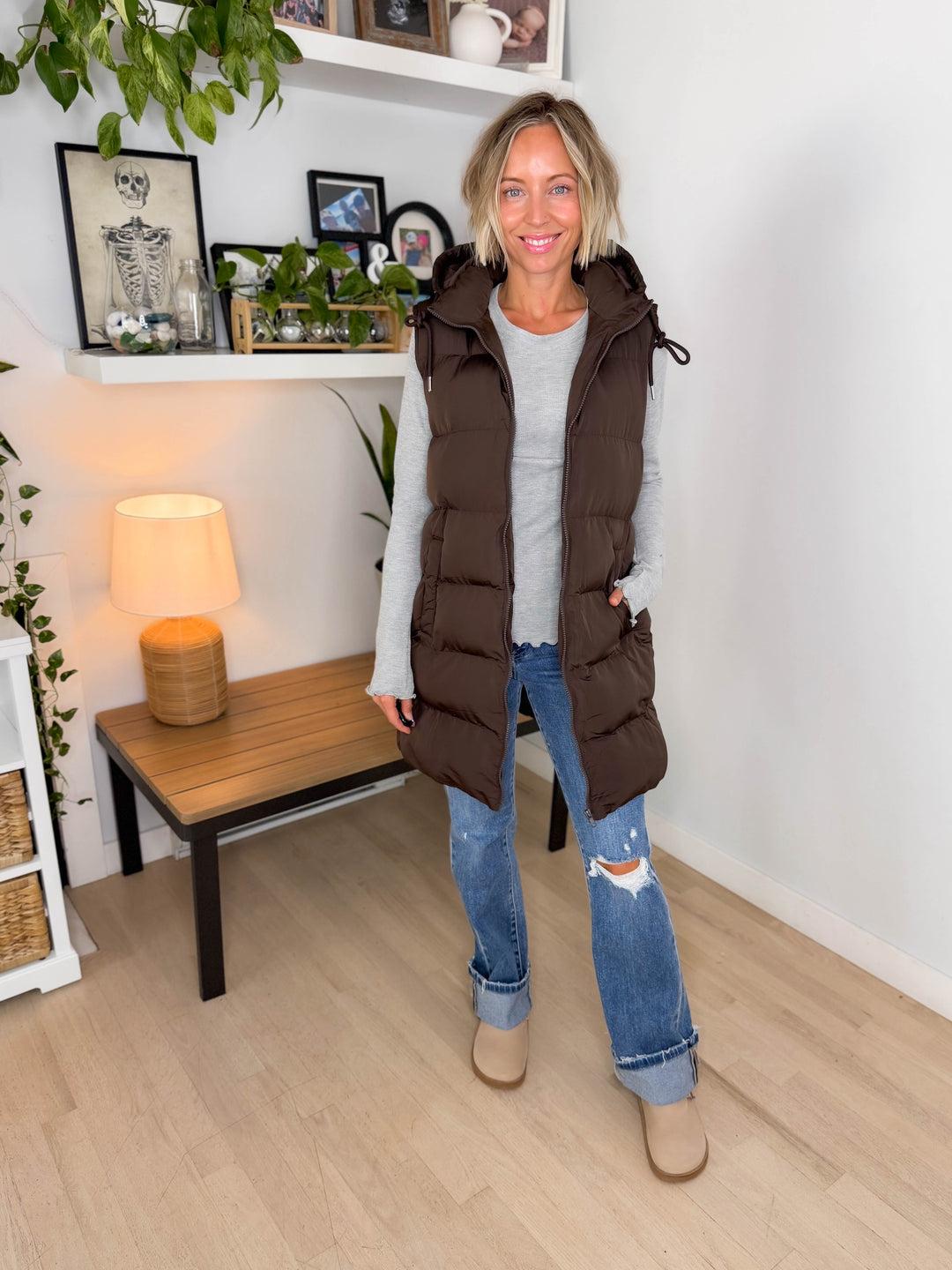 Everest Hooded Puffer Vest- CHOCOLATE