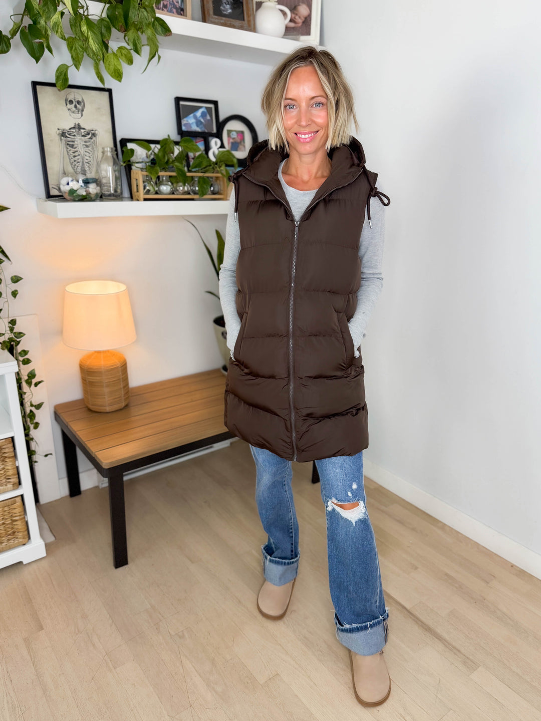 Everest Hooded Puffer Vest- CHOCOLATE