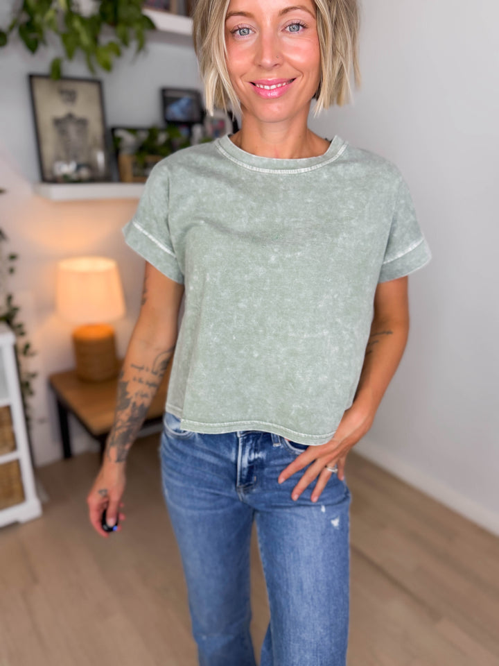 Russet Boxy Washed Tee- OLIVE