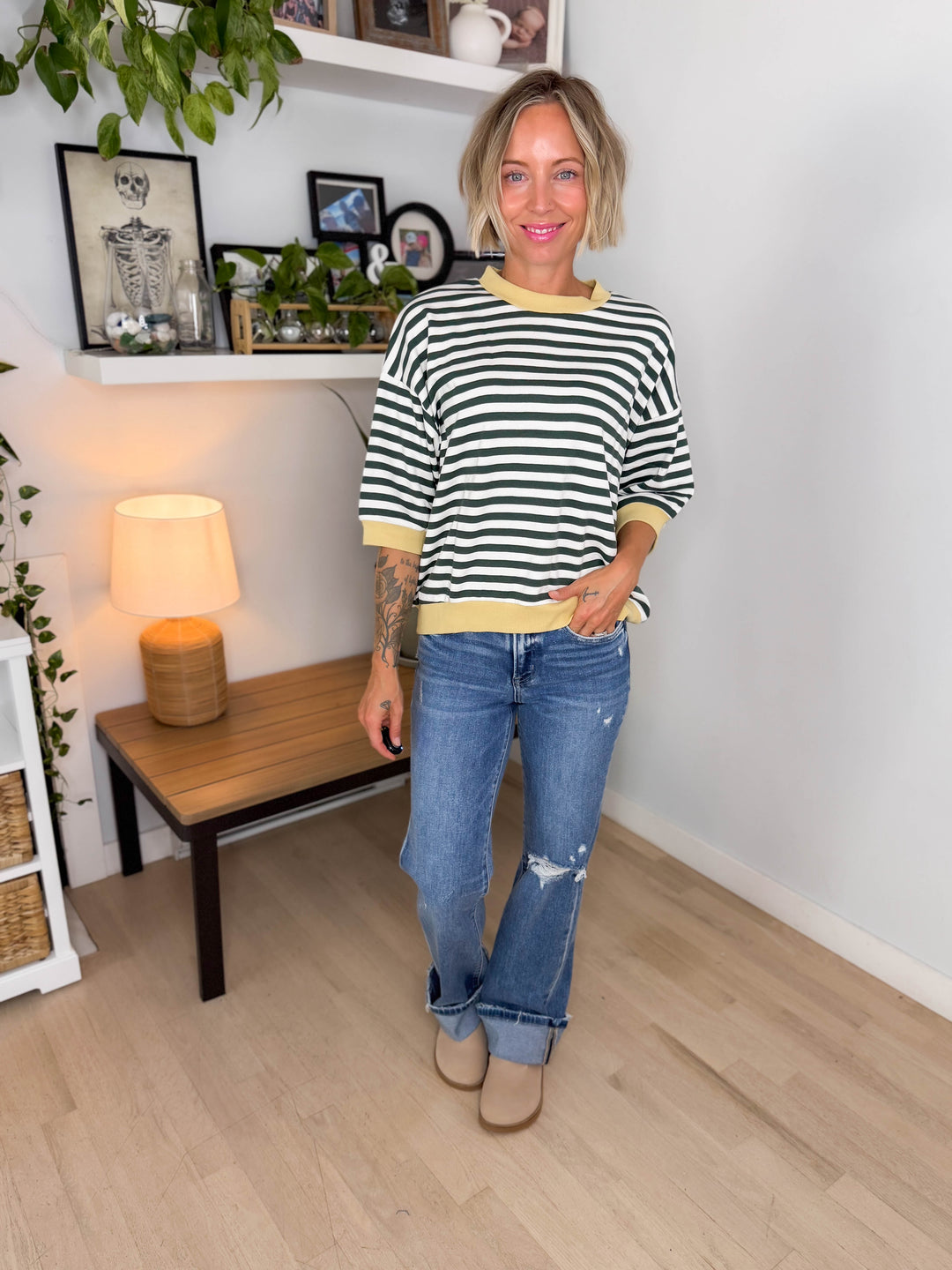 Bramble Colour Block Stripe Short Sleeve Pullover- HUNTER GREEN