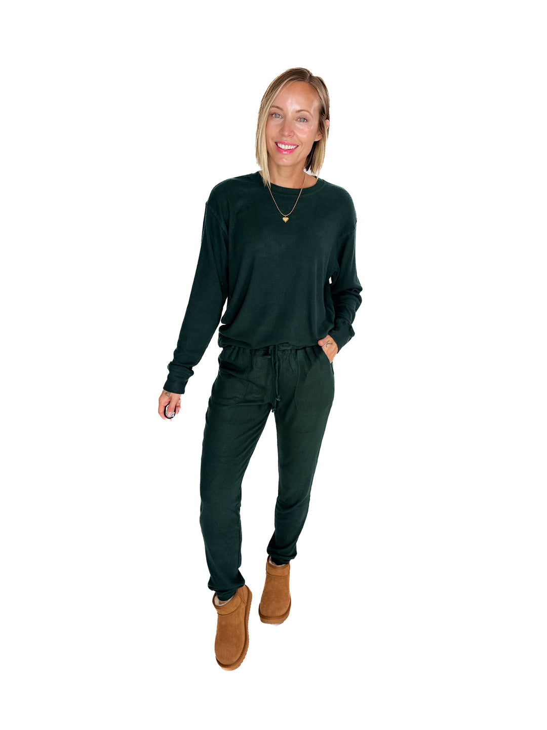 MICHELLE MAE Corrine Ribbed Pullover Long Sleeve- FOREST GREEN
