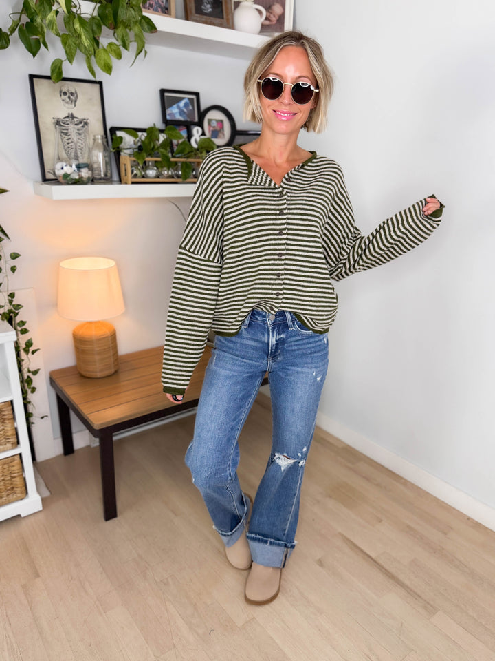 Acorn Raw Edge Button Down Cardigan- OLIVE