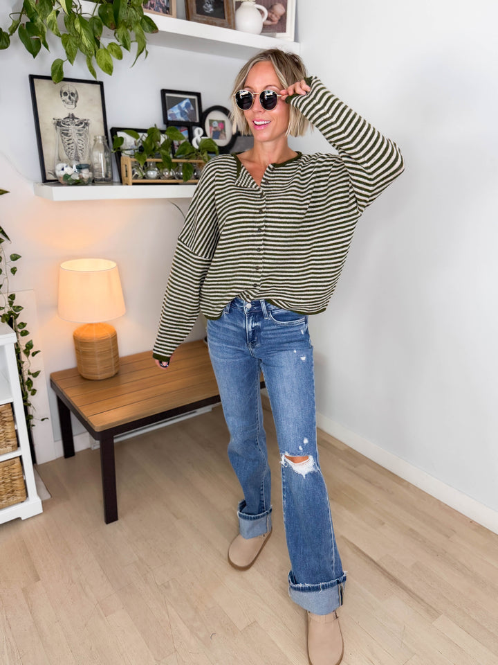Acorn Raw Edge Button Down Cardigan- OLIVE