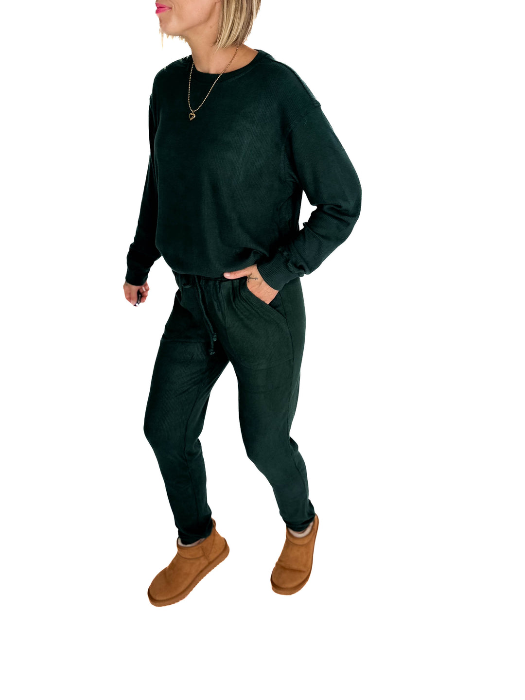 MICHELLE MAE Corrine Ribbed Pullover Long Sleeve- FOREST GREEN
