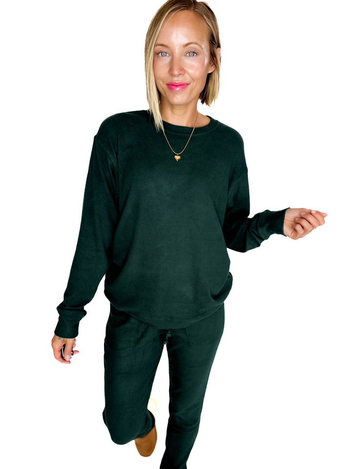 MICHELLE MAE Corrine Ribbed Pullover Long Sleeve- FOREST GREEN