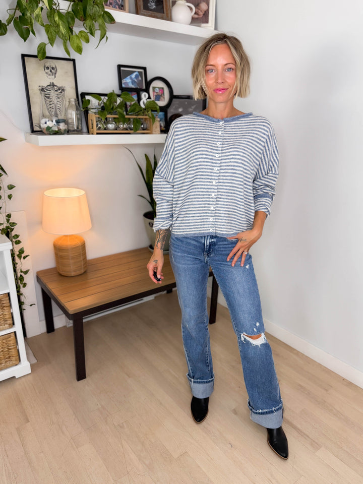 Acorn Raw Edge Button Down Cardigan- DUSTY BLUE
