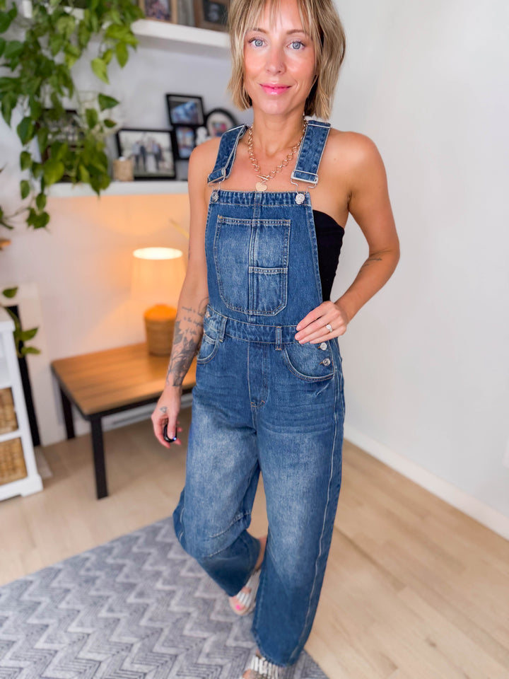 Fiona Denim Barrel Overalls- DARK WASH
