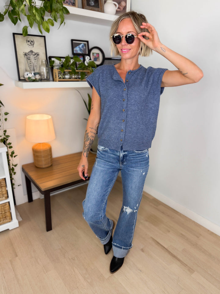 Tawny Sleeveless Button Up Cardigan- DENIM