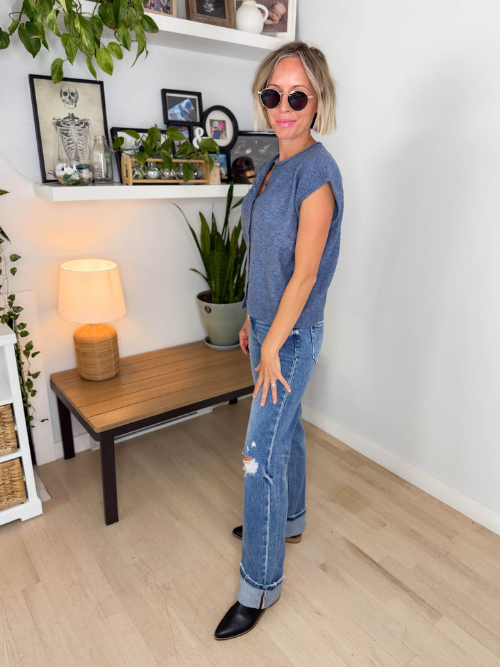 Tawny Sleeveless Button Up Cardigan- DENIM