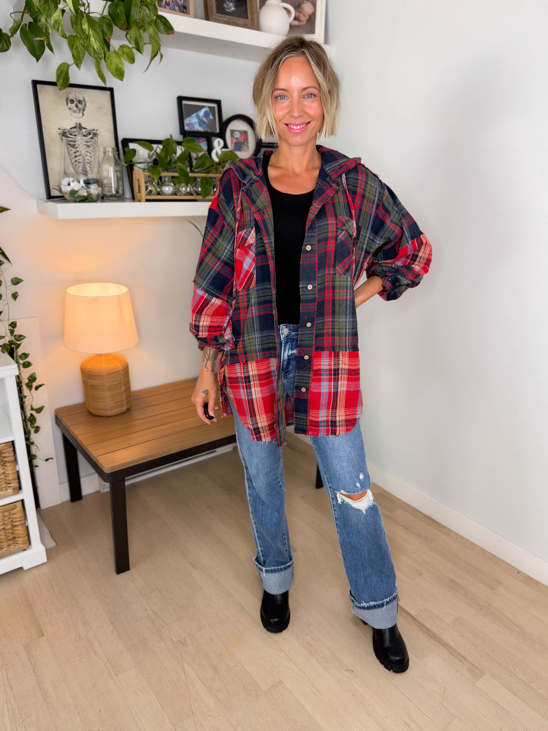 Frances Long Sleeve Plaid Mineral Wash Jacket- RED/NAVY