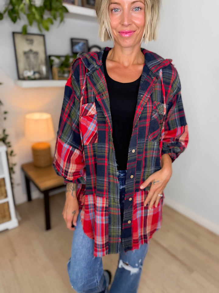 Frances Long Sleeve Plaid Mineral Wash Jacket- RED/NAVY