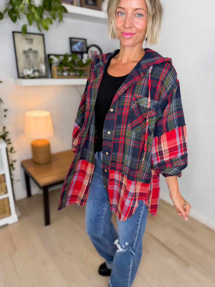 Frances Long Sleeve Plaid Mineral Wash Jacket- RED/NAVY