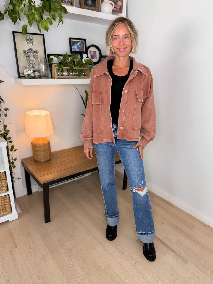 Ryanne Washed Fleece Shacket- RUST