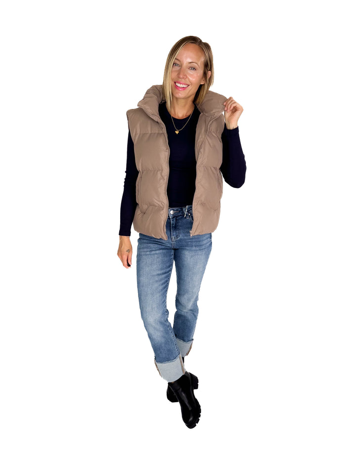 Falling For You Puffer Vest- TAUPE GREY