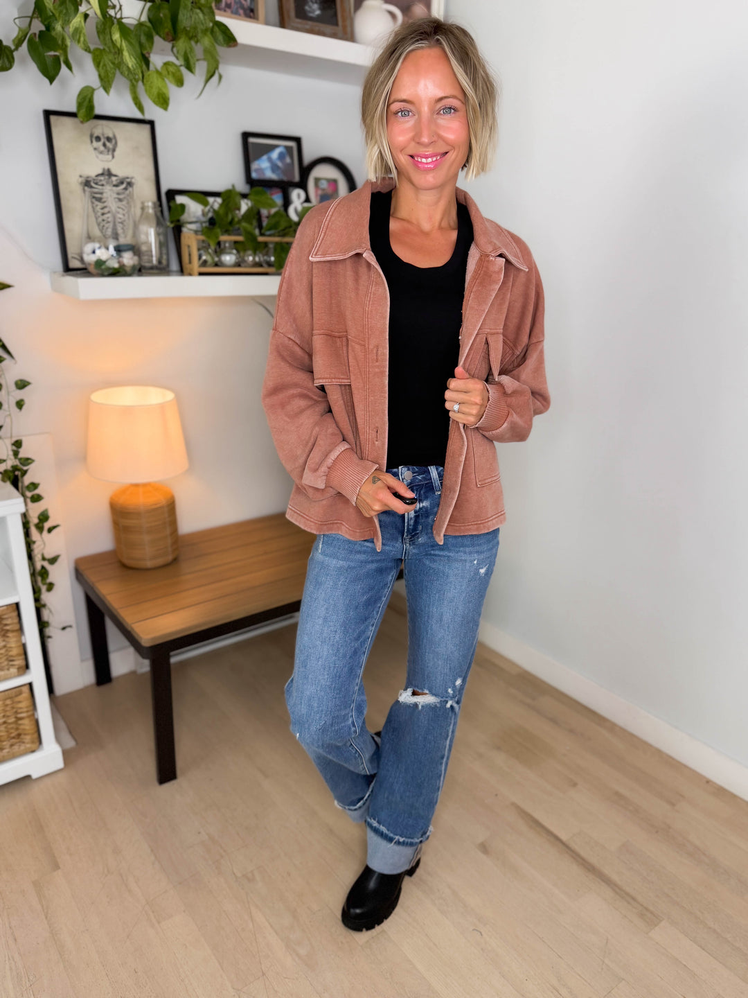 Ryanne Washed Fleece Shacket- RUST