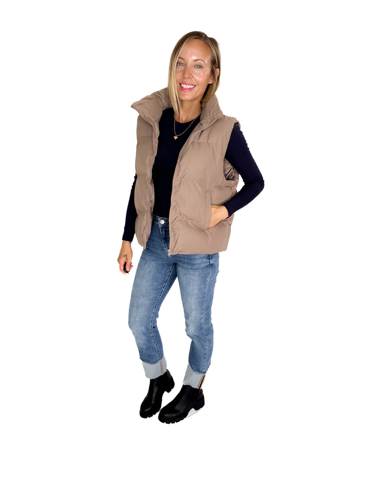 Falling For You Puffer Vest- TAUPE GREY