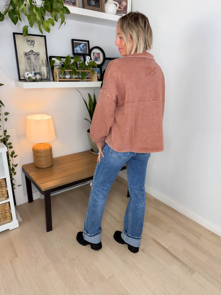 Ryanne Washed Fleece Shacket- RUST