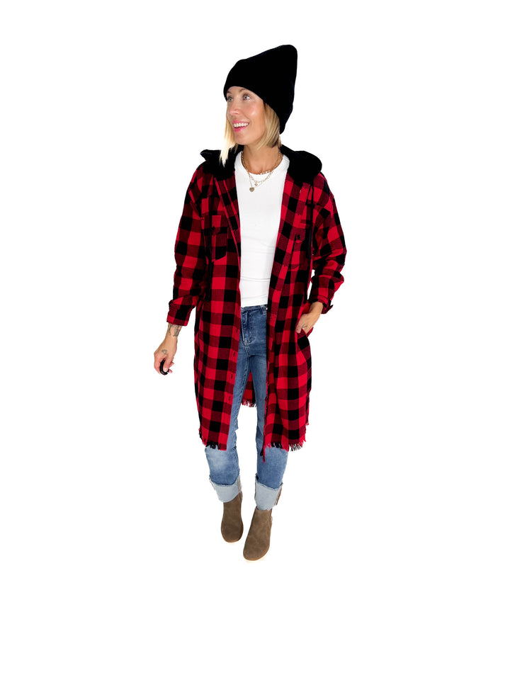 Falling Leaves Plaid Hoodie Jacket- RED