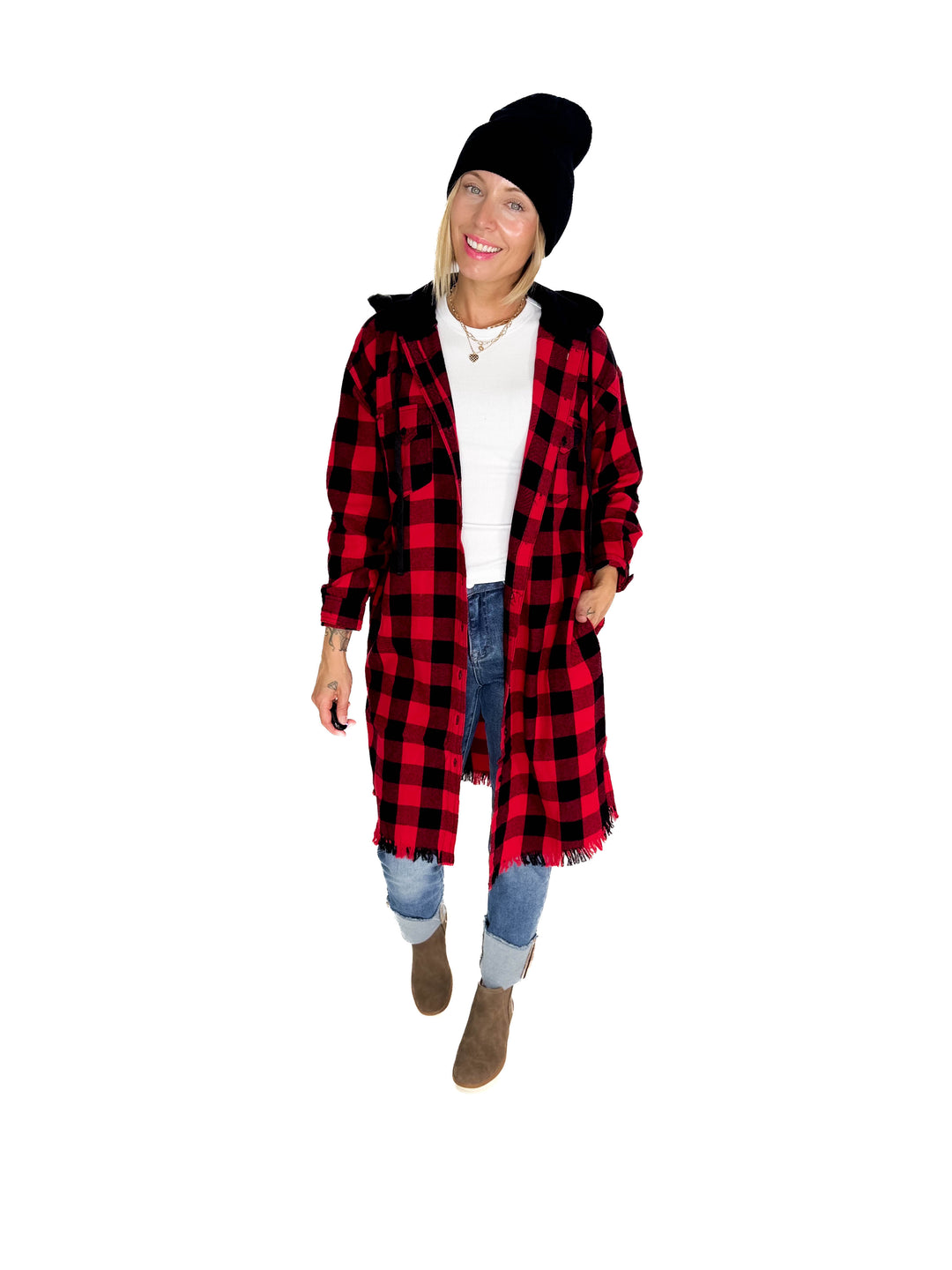 Falling Leaves Plaid Hoodie Jacket- RED