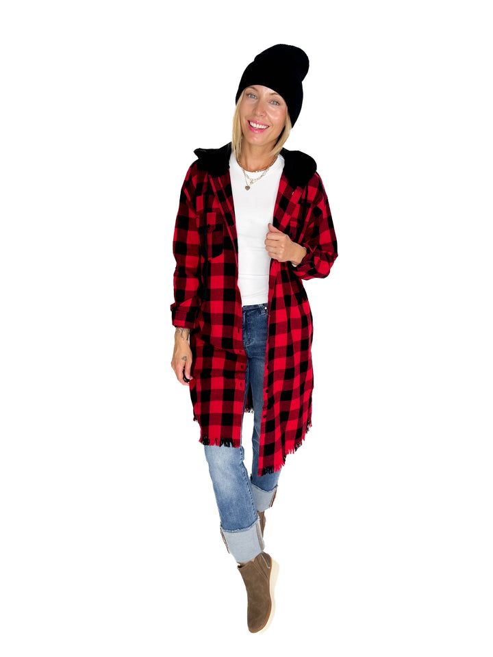Falling Leaves Plaid Hoodie Jacket- RED