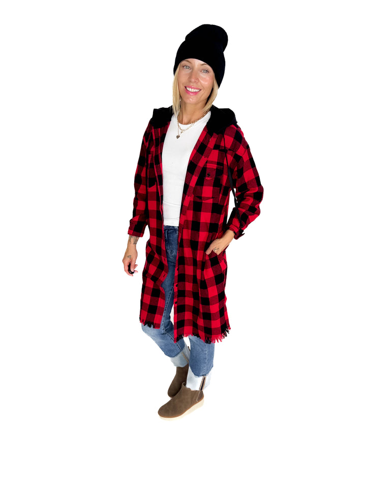 Falling Leaves Plaid Hoodie Jacket- RED