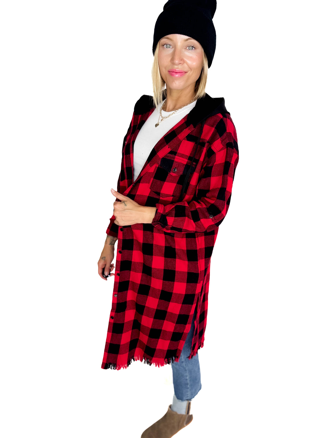 Falling Leaves Plaid Hoodie Jacket- RED