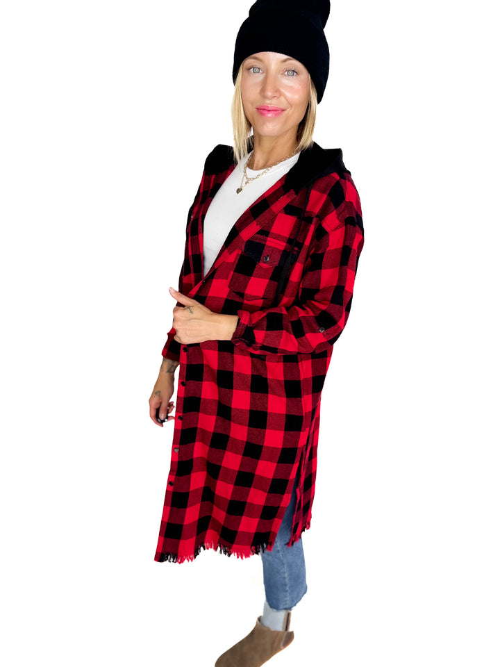 Falling Leaves Plaid Hoodie Jacket- RED