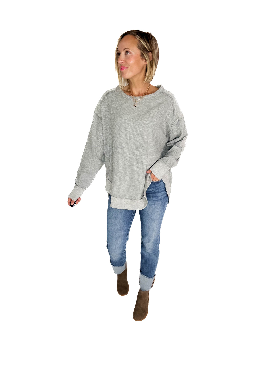 Jenna Long Sleeve Waffle Pullover-HTHR GREY