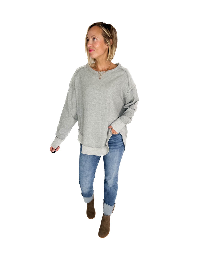 Jenna Long Sleeve Waffle Pullover-HTHR GREY