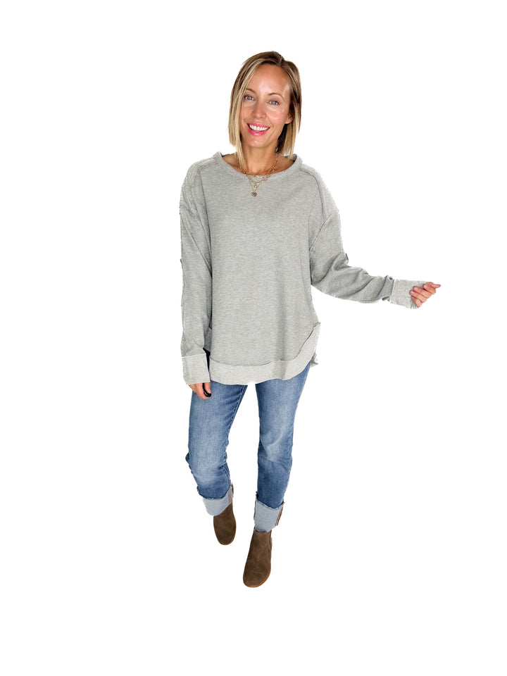 Jenna Long Sleeve Waffle Pullover-HTHR GREY